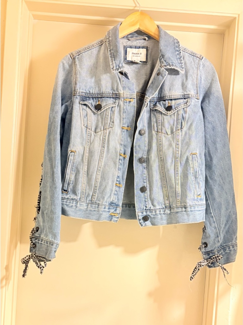 Forever 21 Light Wash Denim Jacket with Sleeve Tie Details